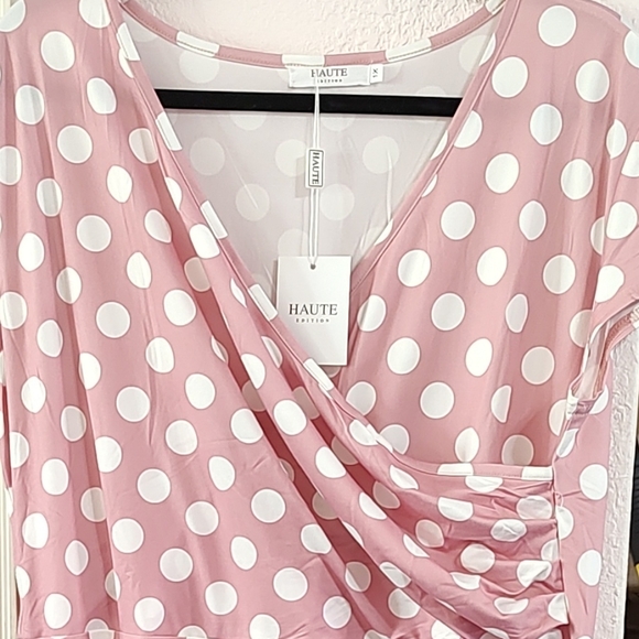 Chic Pink Polka Dot Cap Sleeve V neck Flirty Dress - Picture 3 of 6